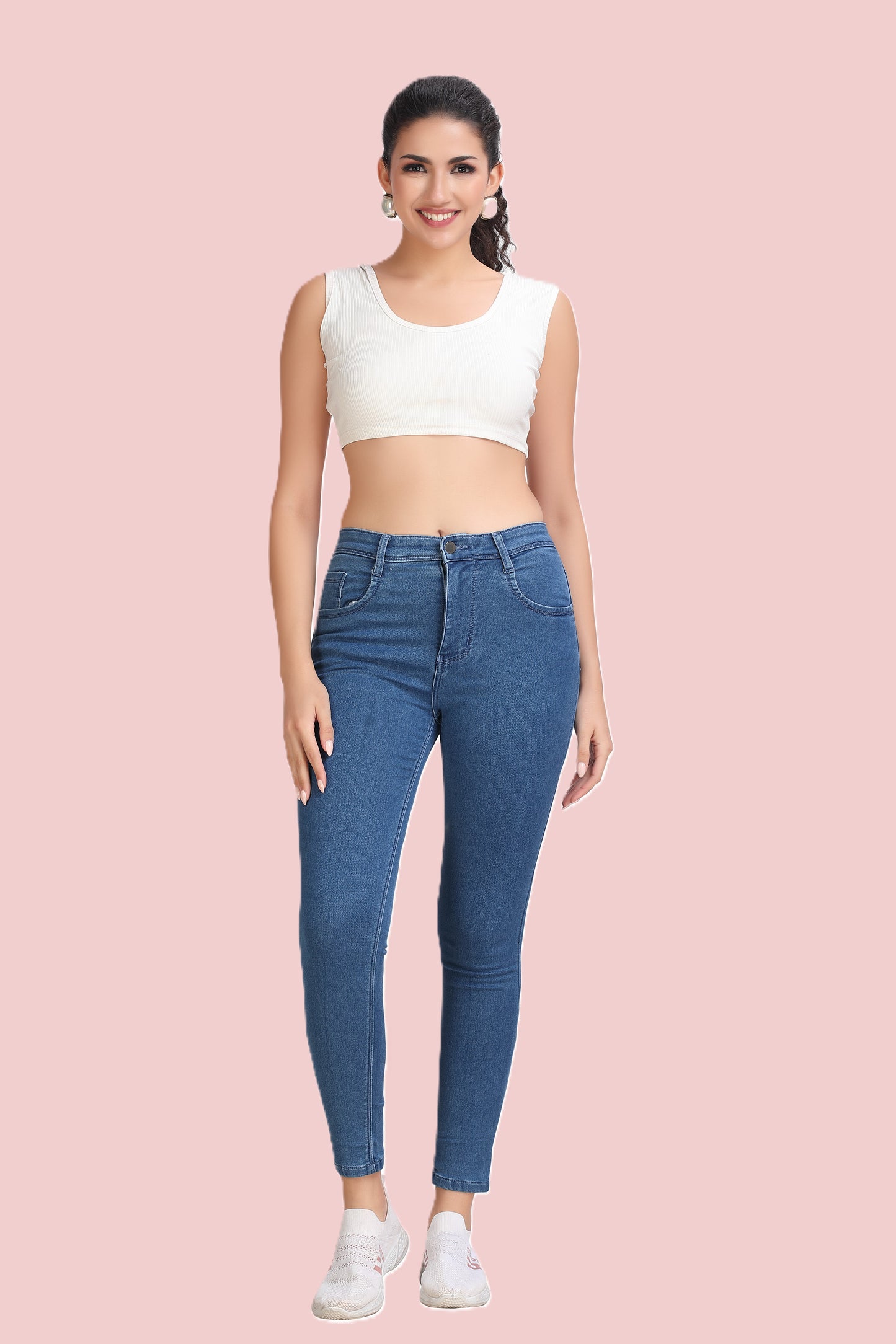 Women's High Rise Stone Wash Blue Ankle Fit Skinny Stretchable Jeans