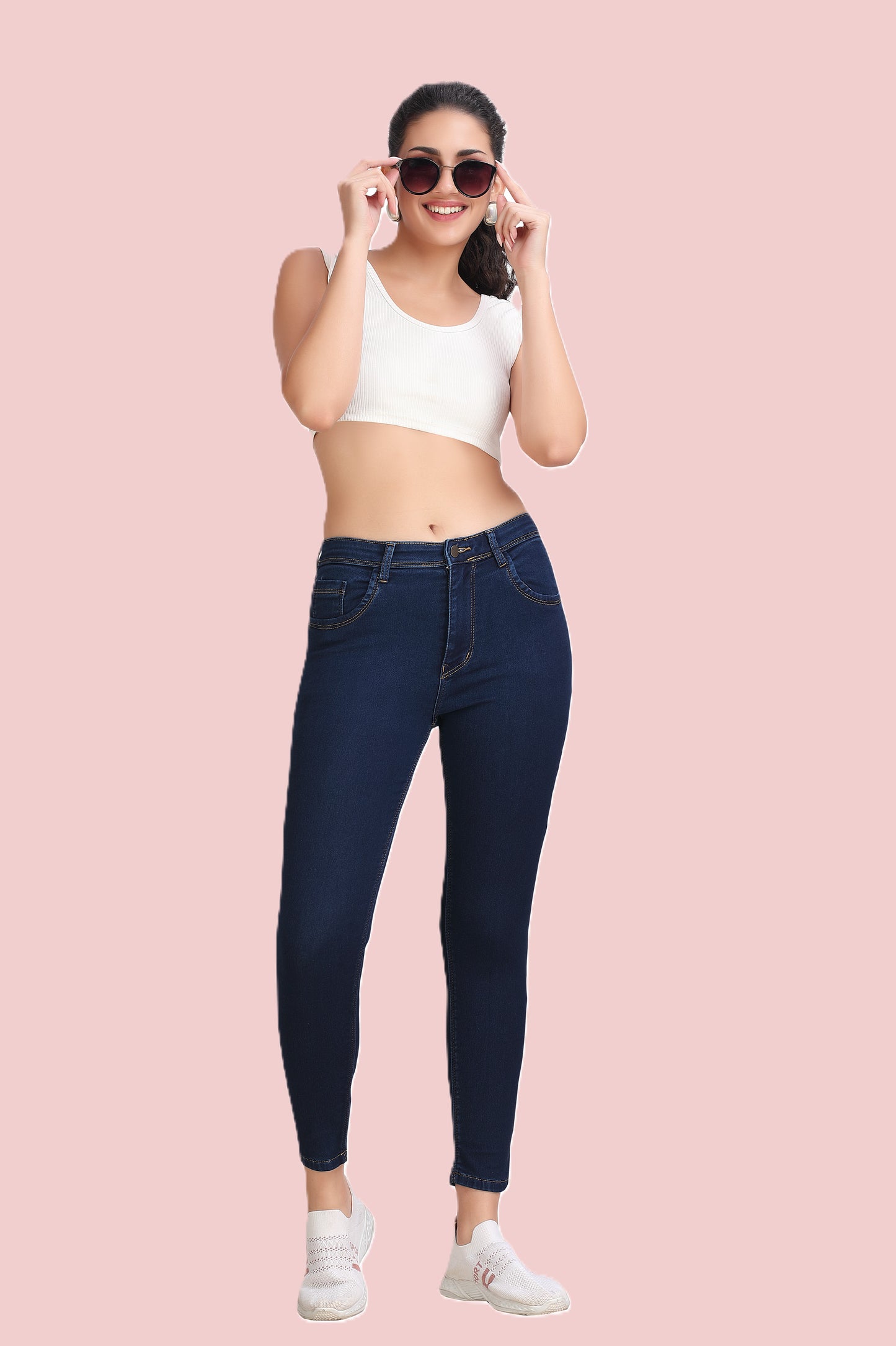 Women's High Rise Stone Wash Blue Ankle Fit Skinny Stretchable Jeans