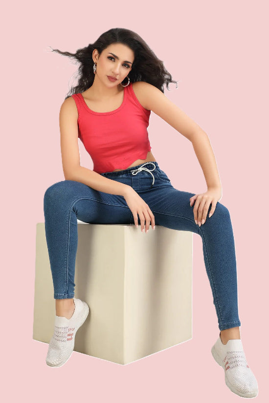 Women's High Rise Stretchable Denim Joggers | Slim Fit Pull-On Jeans with Drawstring Waist