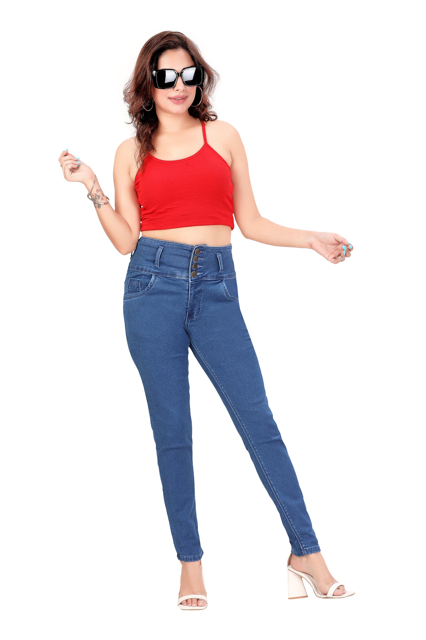 Women's High-Rise Slim Fit Grey Jeans - 4 Button Closure