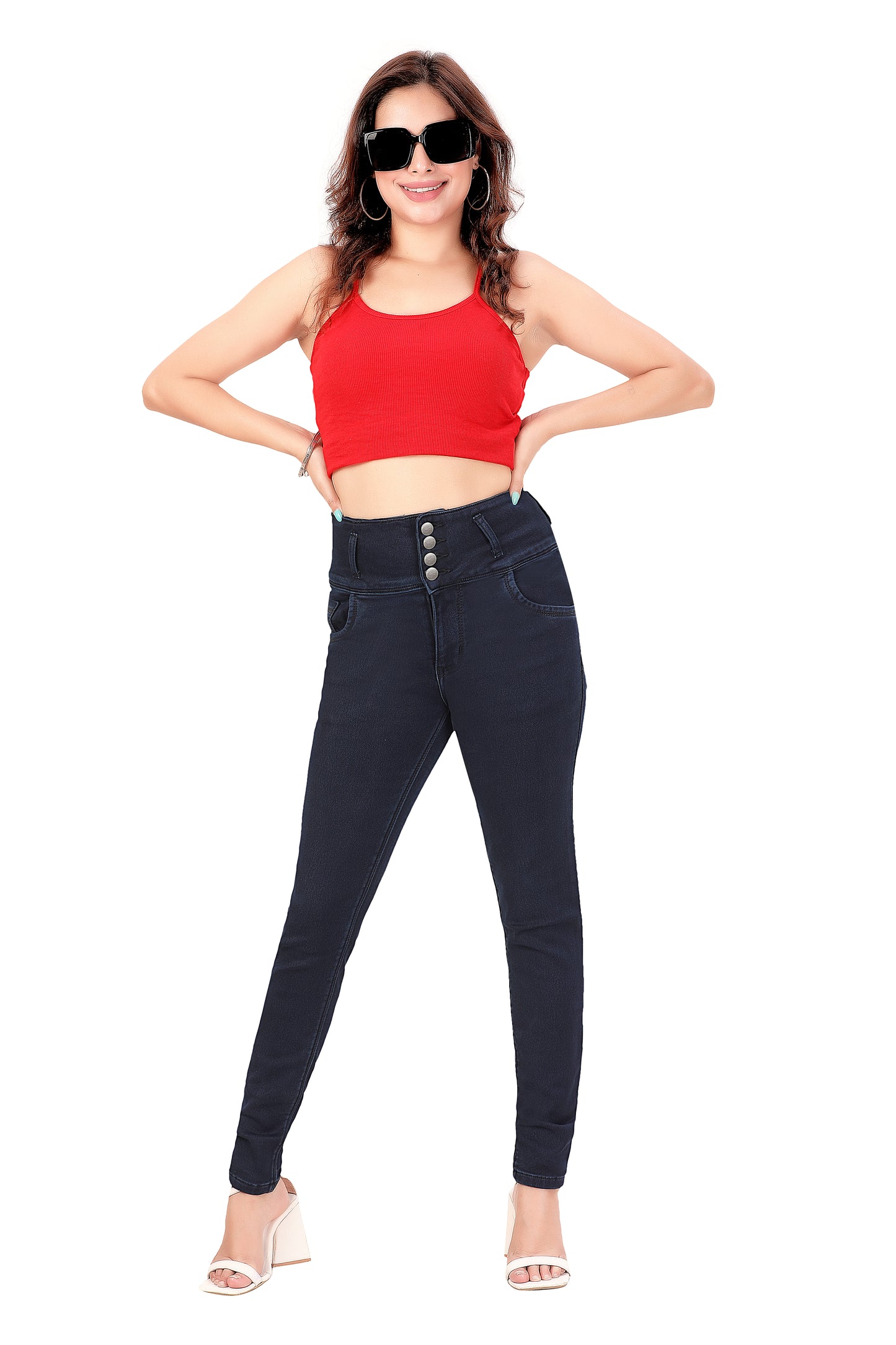 Women's High-Rise Slim Fit Grey Jeans - 4 Button Closure