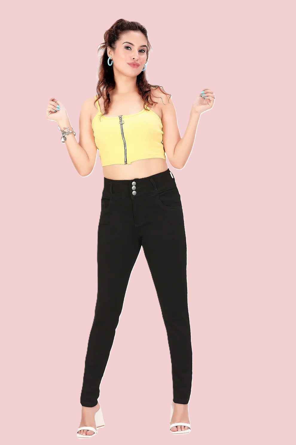 Women's Black High Rise 3-Button Skinny Fit Jeans