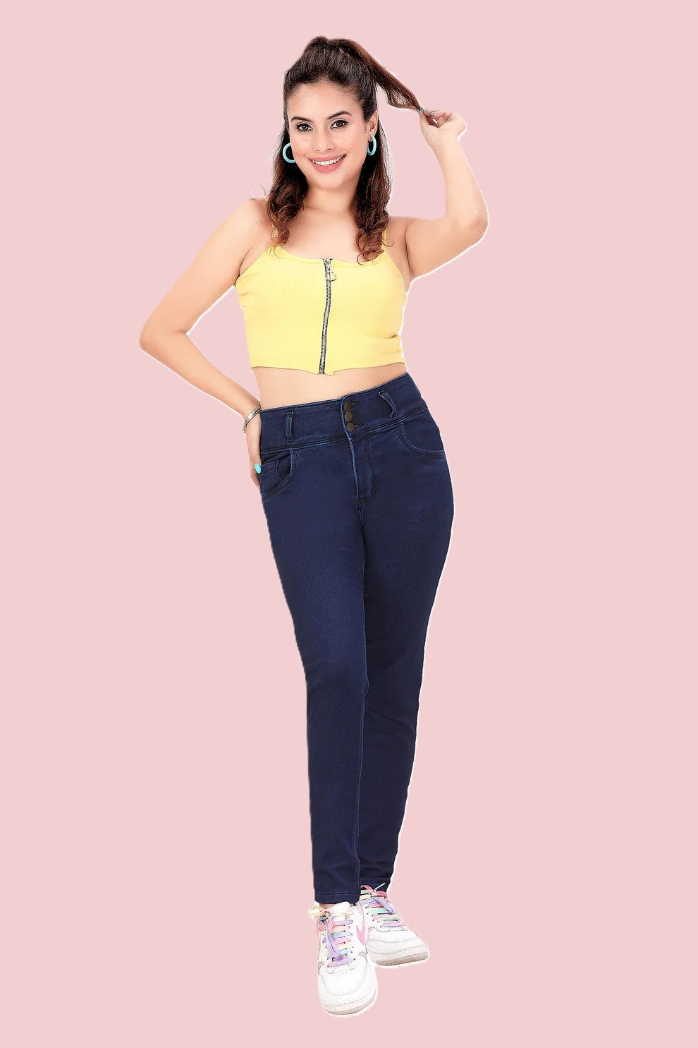 High Rise 3-Button Skinny Fit Jeans