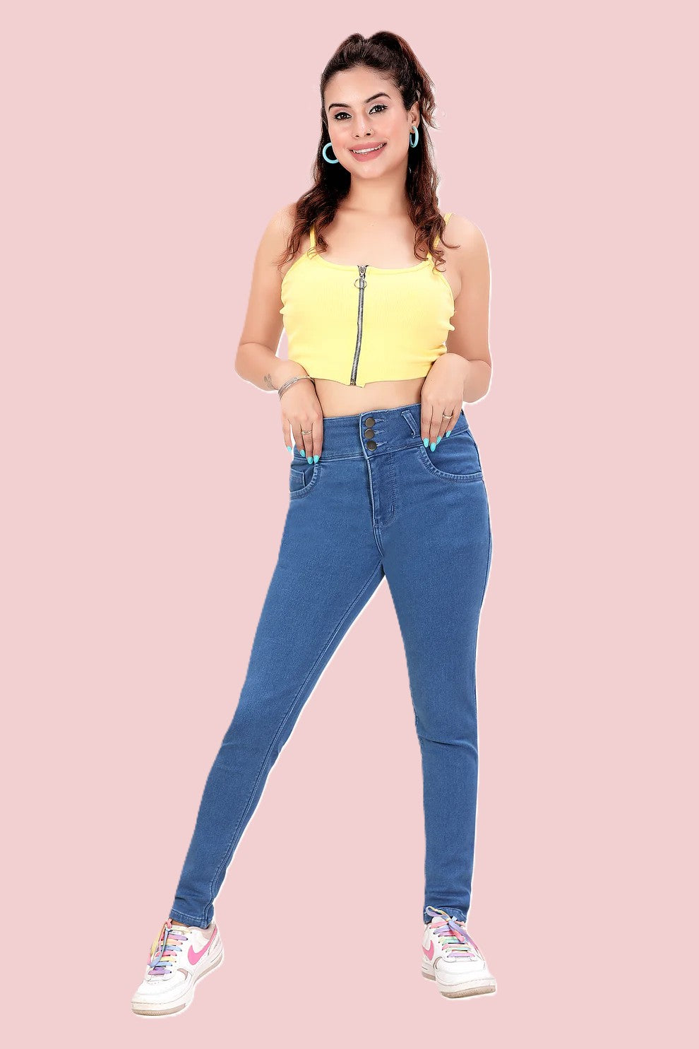 Women's Black High Rise 3-Button Skinny Fit Jeans