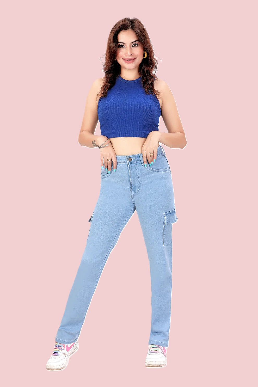 Women's High-Rise Blue Baggy Cargo Jeans | 6 Pocket Straight Fit Denim