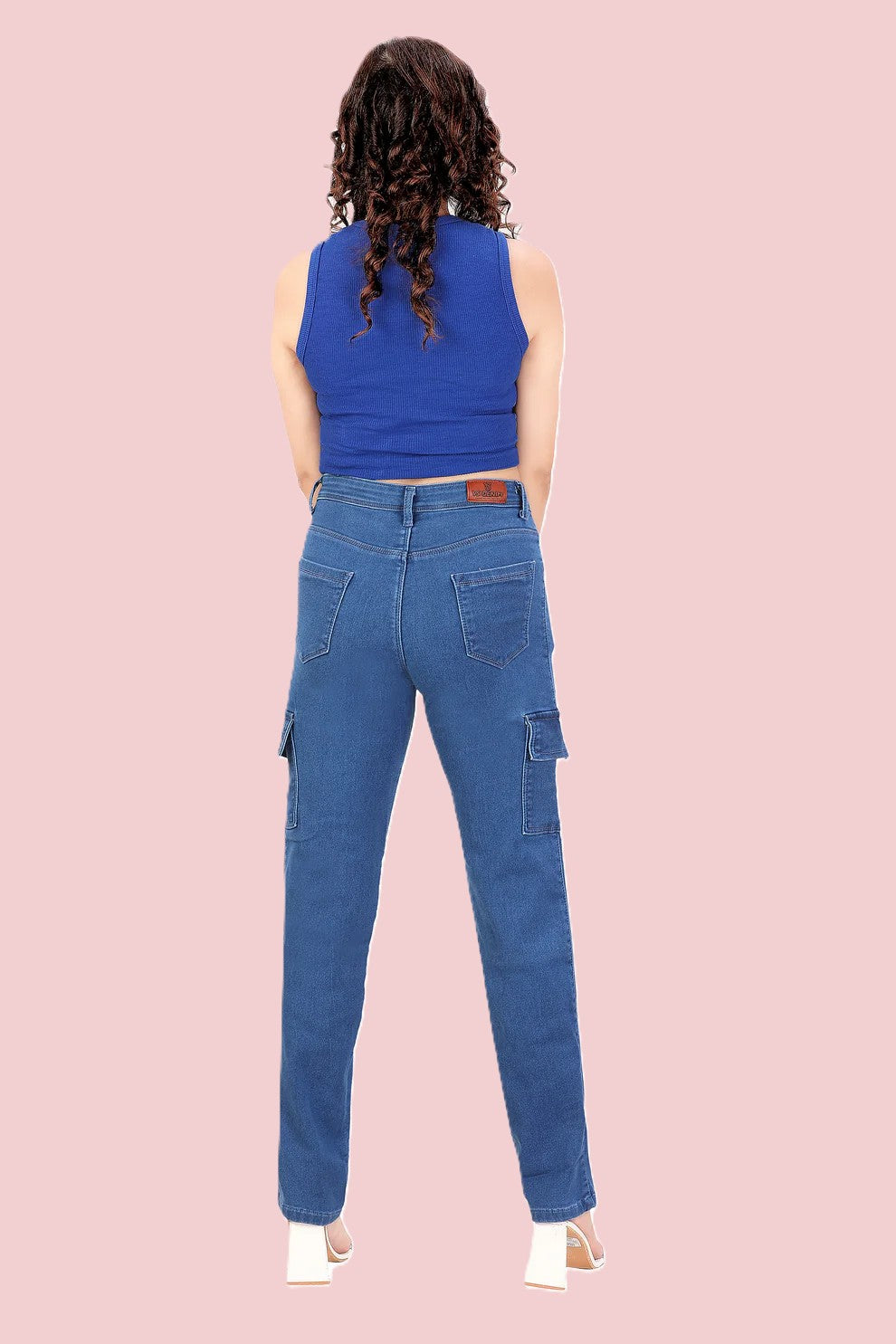 Women's High-Rise Blue Baggy Cargo Jeans | 6 Pocket Straight Fit Denim