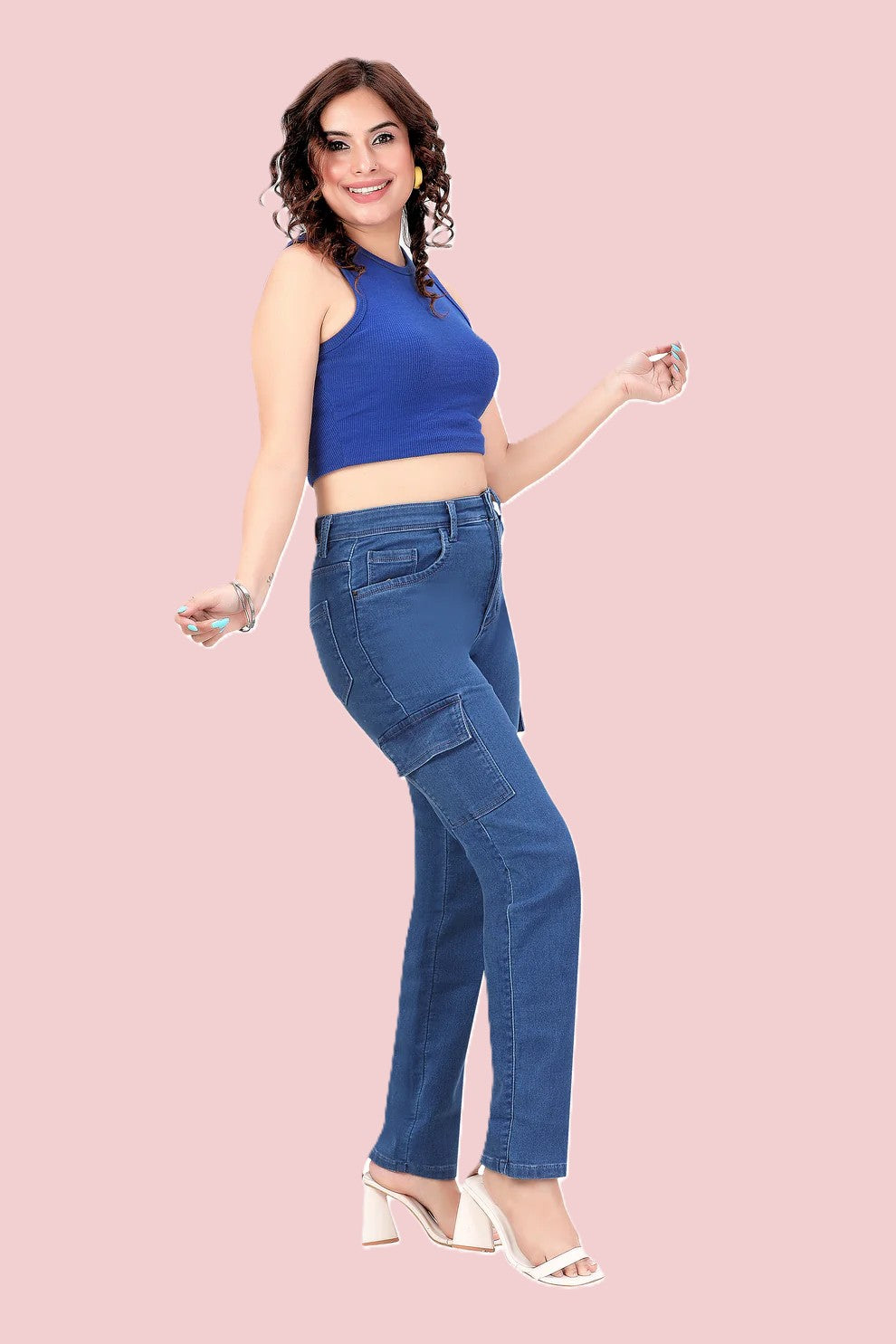 Women's High-Rise Blue Baggy Cargo Jeans | 6 Pocket Straight Fit Denim
