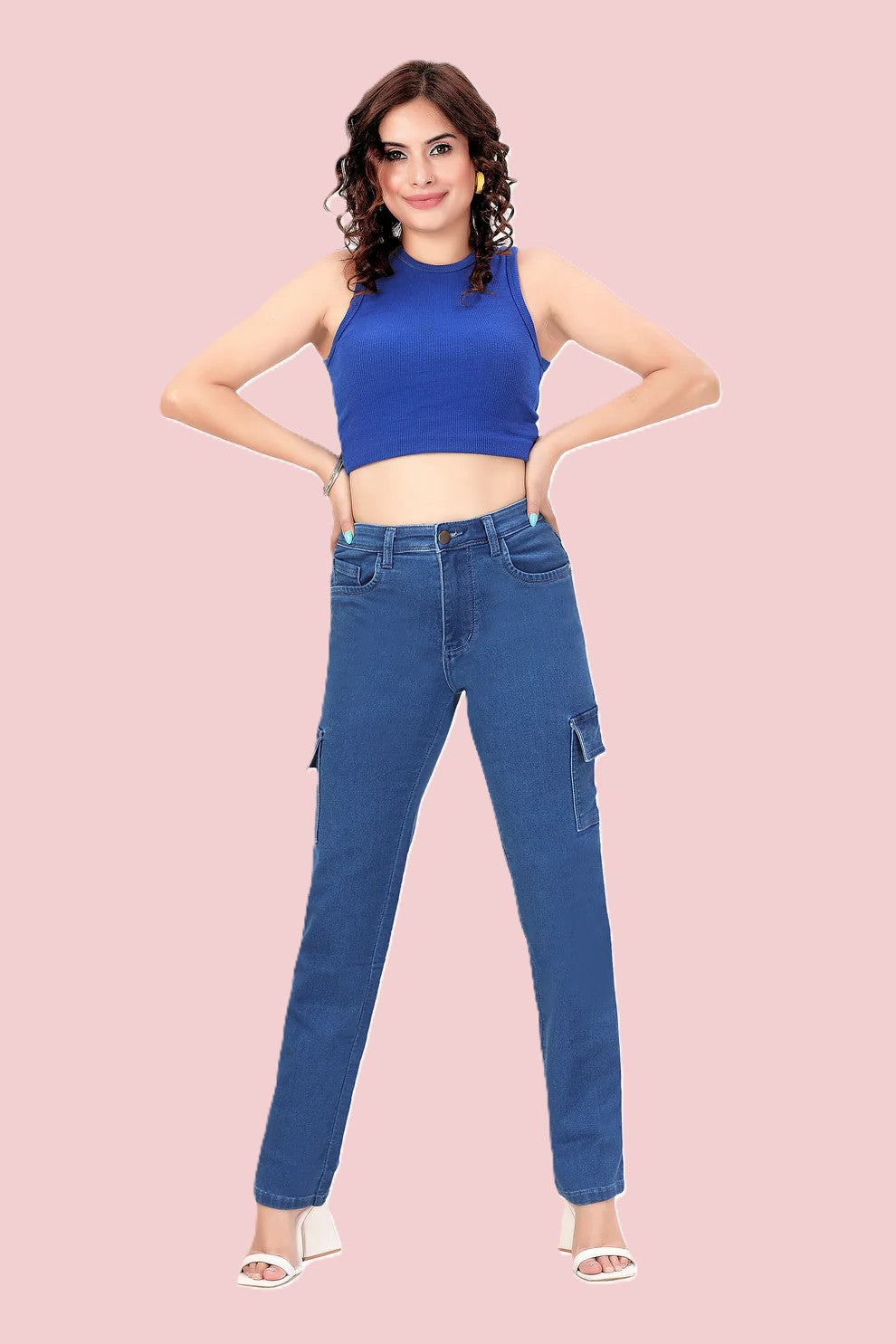 Women's High-Rise Blue Baggy Cargo Jeans | 6 Pocket Straight Fit Denim