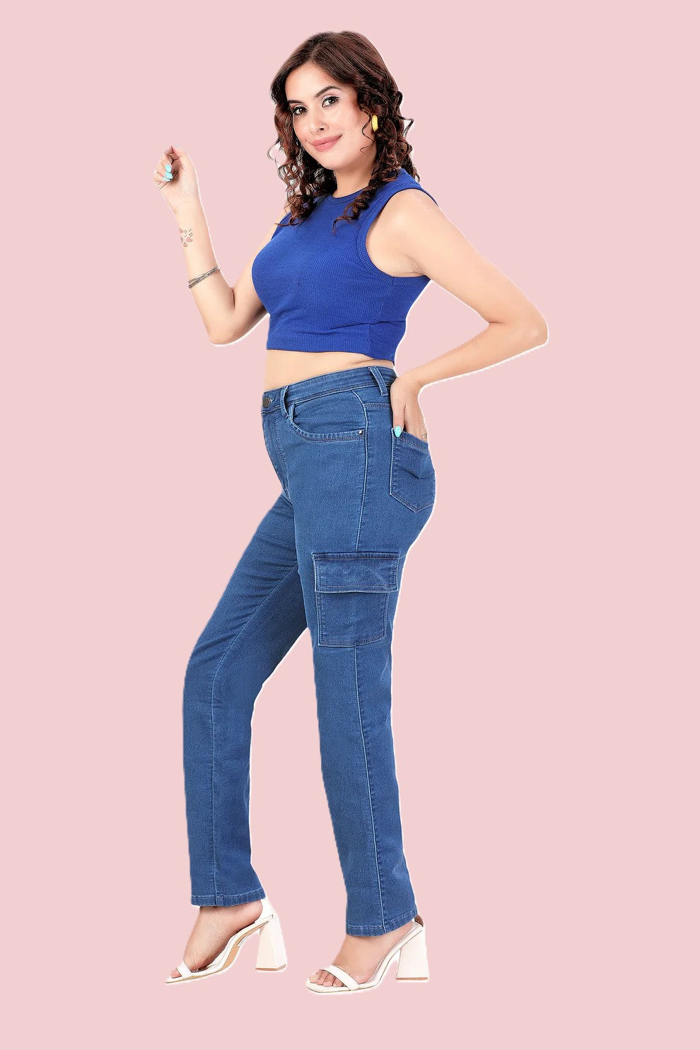 Women's High-Rise Blue Baggy Cargo Jeans | 6 Pocket Straight Fit Denim