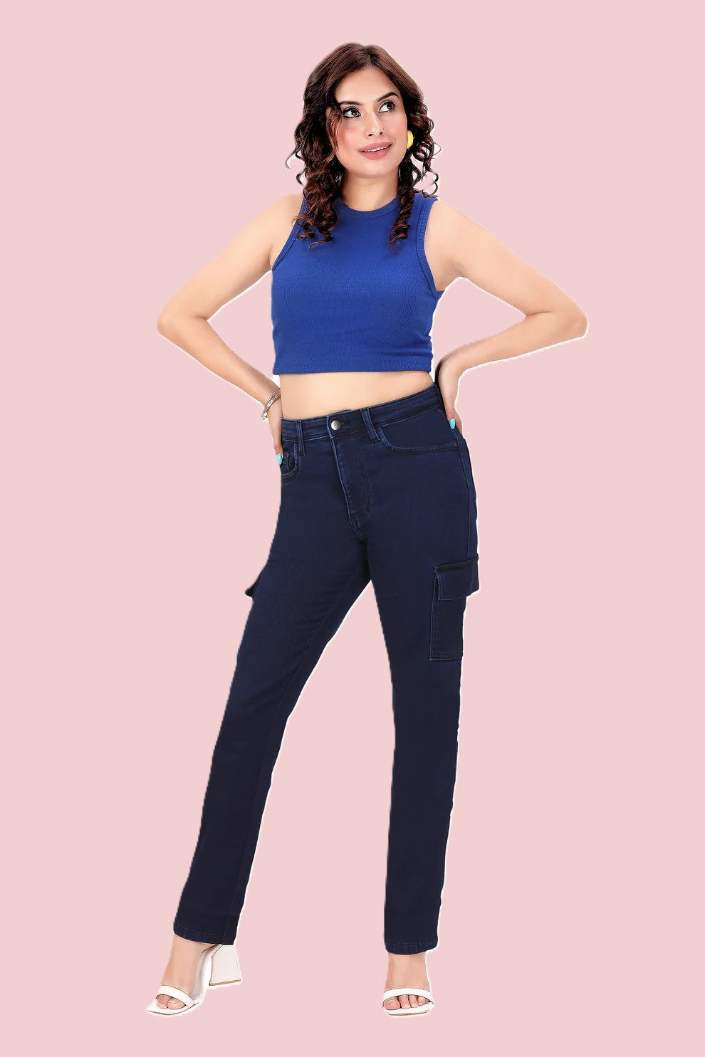 Women's High-Rise Blue Baggy Cargo Jeans | 6 Pocket Straight Fit Denim
