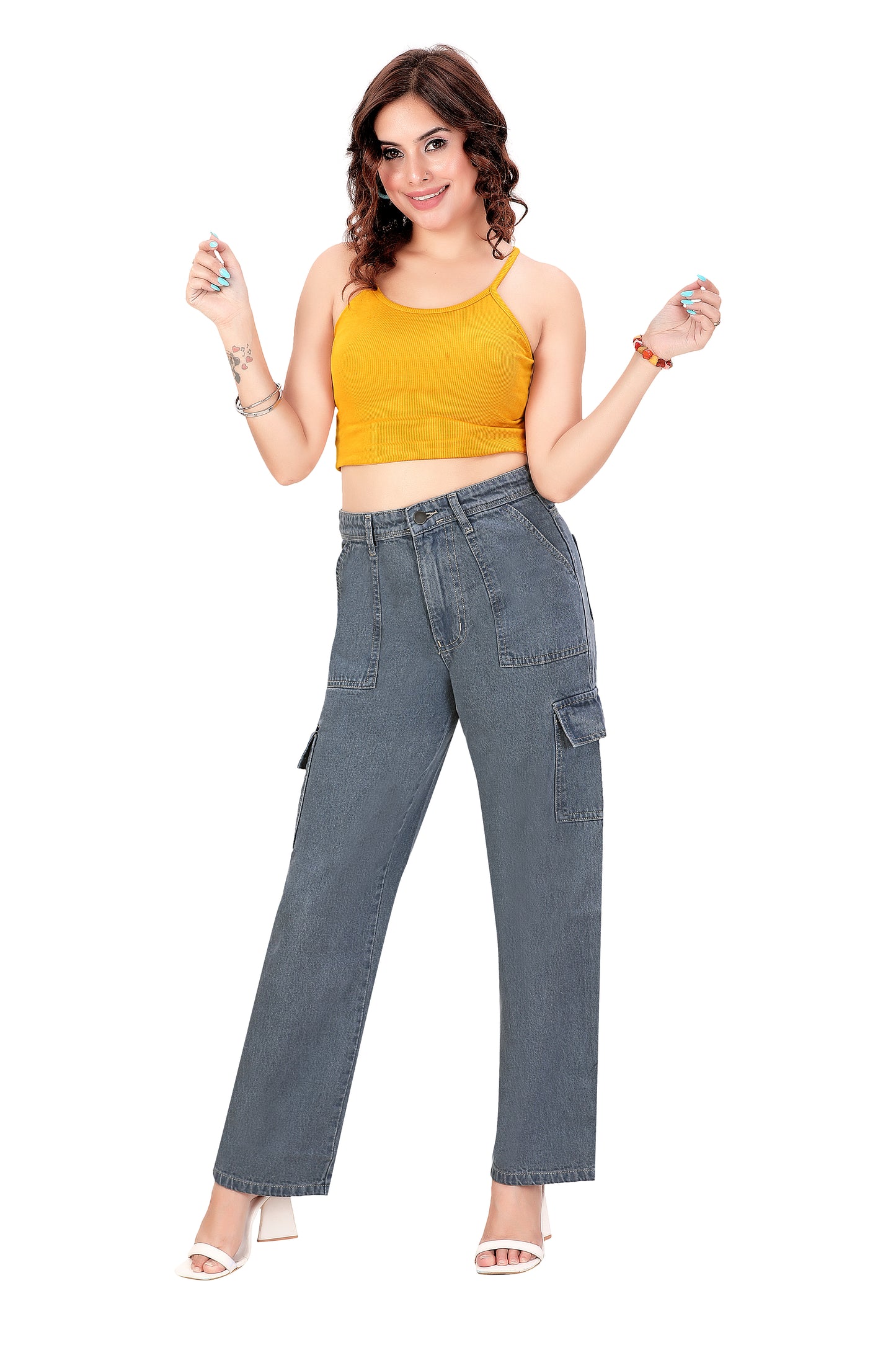 Baggy Fit Cargo Jeans for Women | High Waist, 6 Pockets, Relaxed Straight Denim | Grey Street Style Pants