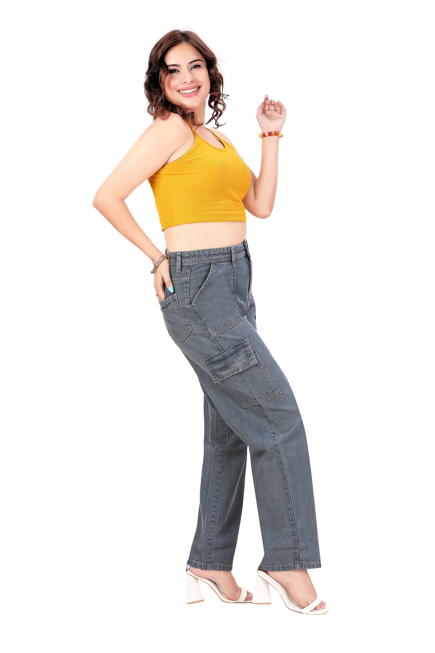 Baggy Fit Cargo Jeans for Women | High Waist, 6 Pockets, Relaxed Straight Denim | Grey Street Style Pants