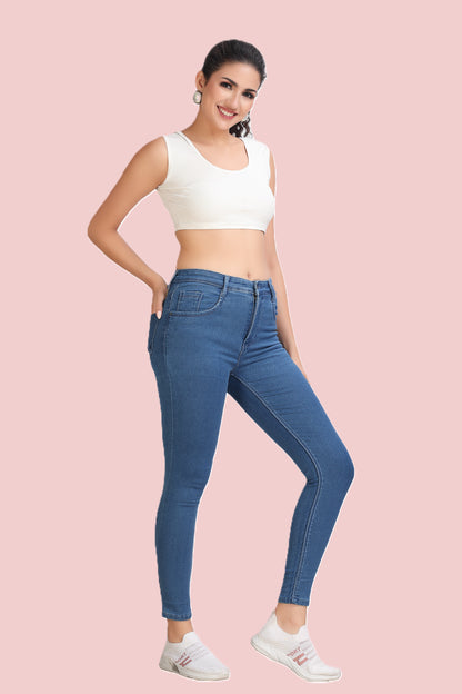Women's High Rise Stone Wash Blue Ankle Fit Skinny Stretchable Jeans
