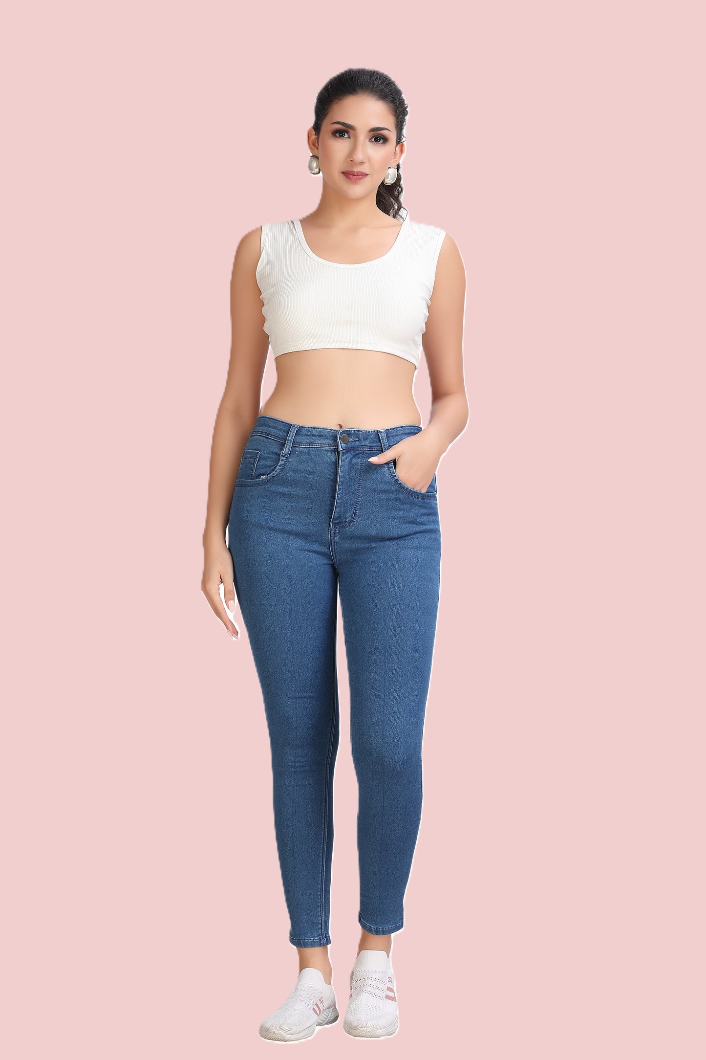 Women's High Rise Stone Wash Blue Ankle Fit Skinny Stretchable Jeans