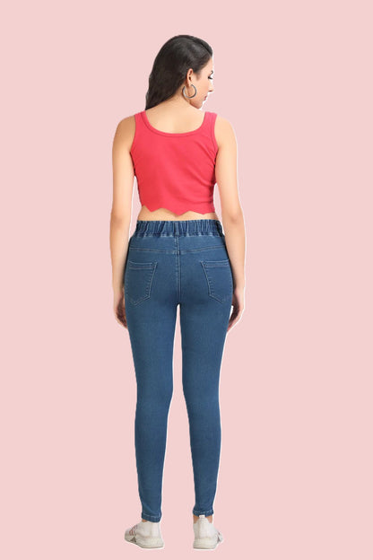 Women's High Rise Stretchable Denim Joggers | Slim Fit Pull-On Jeans with Drawstring Waist