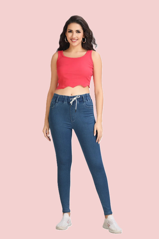 Women's High Rise Stretchable Denim Joggers | Slim Fit Pull-On Jeans with Drawstring Waist