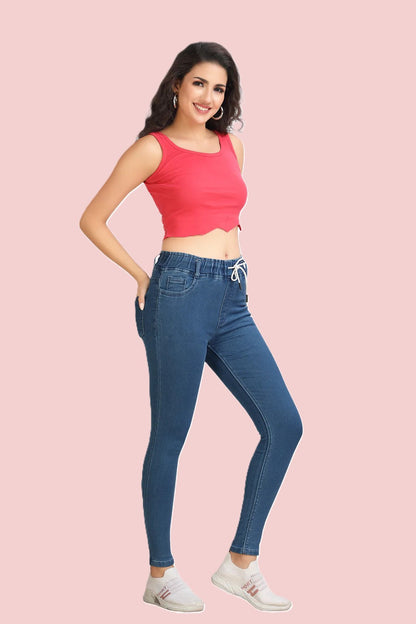 Women's High Rise Stretchable Denim Joggers | Slim Fit Pull-On Jeans with Drawstring Waist