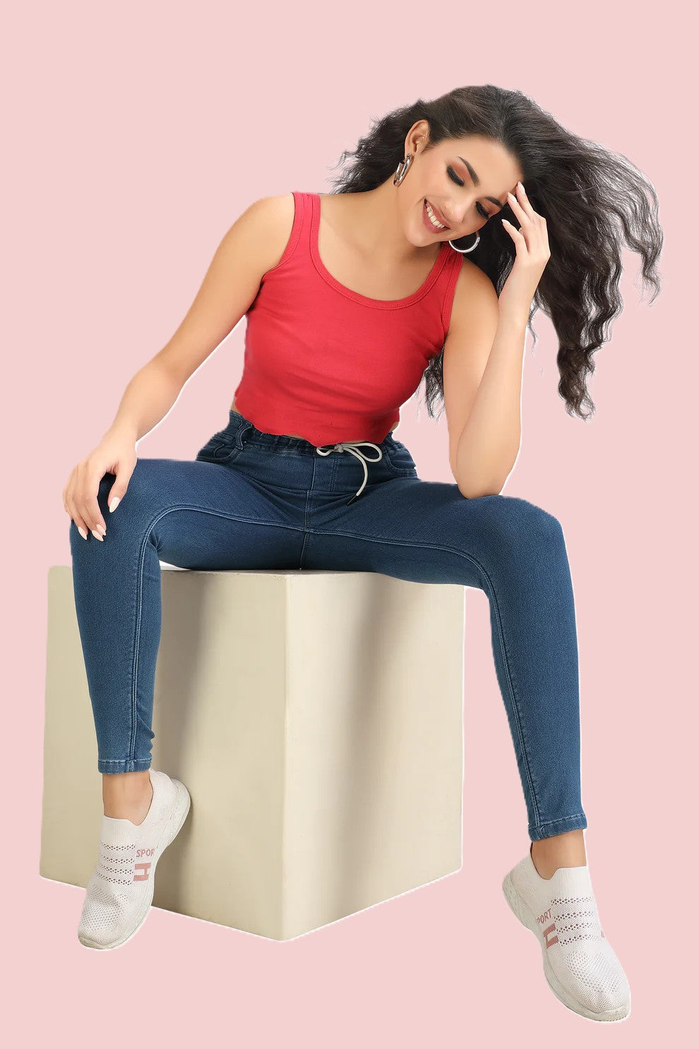 Women's High Rise Stretchable Denim Joggers | Slim Fit Pull-On Jeans with Drawstring Waist