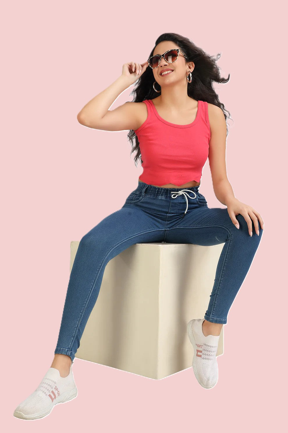 Women's High Rise Stretchable Denim Joggers | Slim Fit Pull-On Jeans with Drawstring Waist