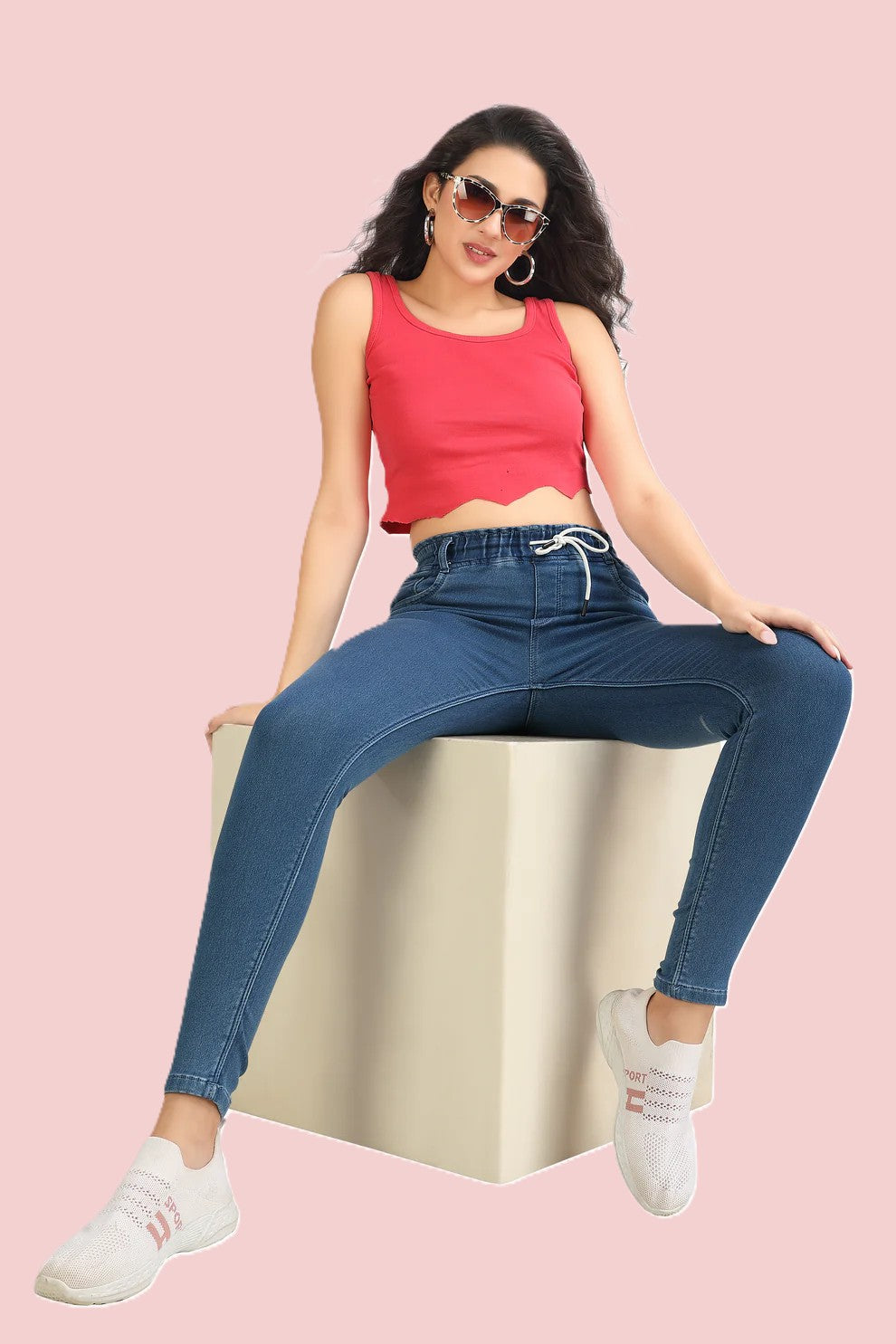 Women's High Rise Stretchable Denim Joggers | Slim Fit Pull-On Jeans with Drawstring Waist
