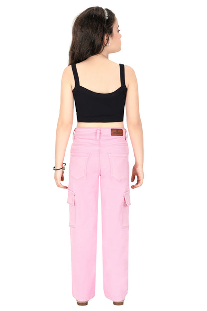 Girls' Pink Denim Jeans with Side Pockets – Stretchable, Comfortable, Fashionable