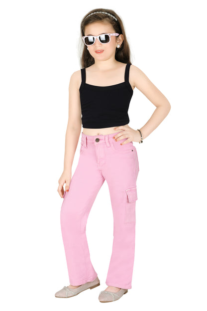 Girls' Pink Denim Jeans with Side Pockets – Stretchable, Comfortable, Fashionable