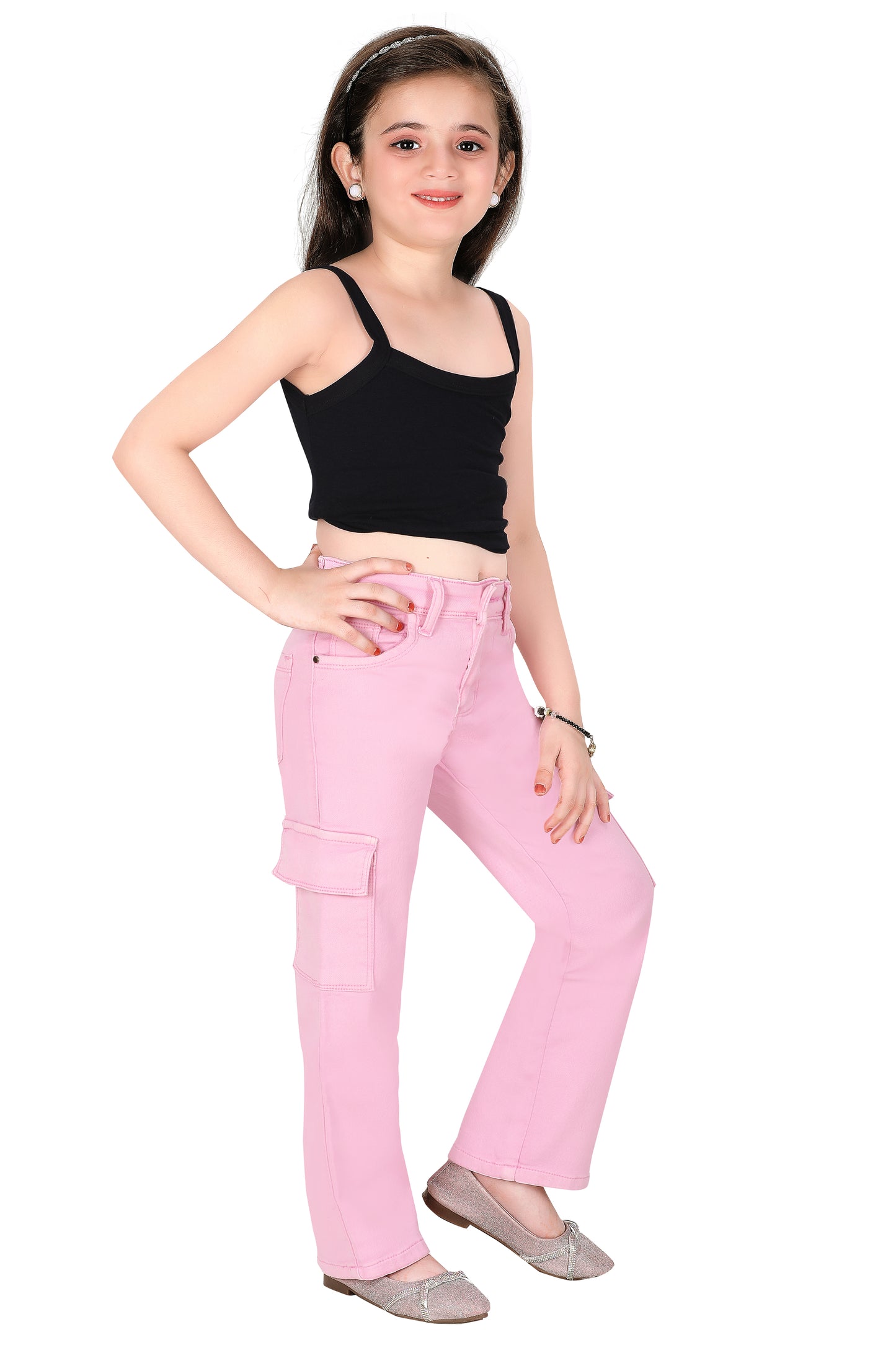Girls' Pink Denim Jeans with Side Pockets – Stretchable, Comfortable, Fashionable