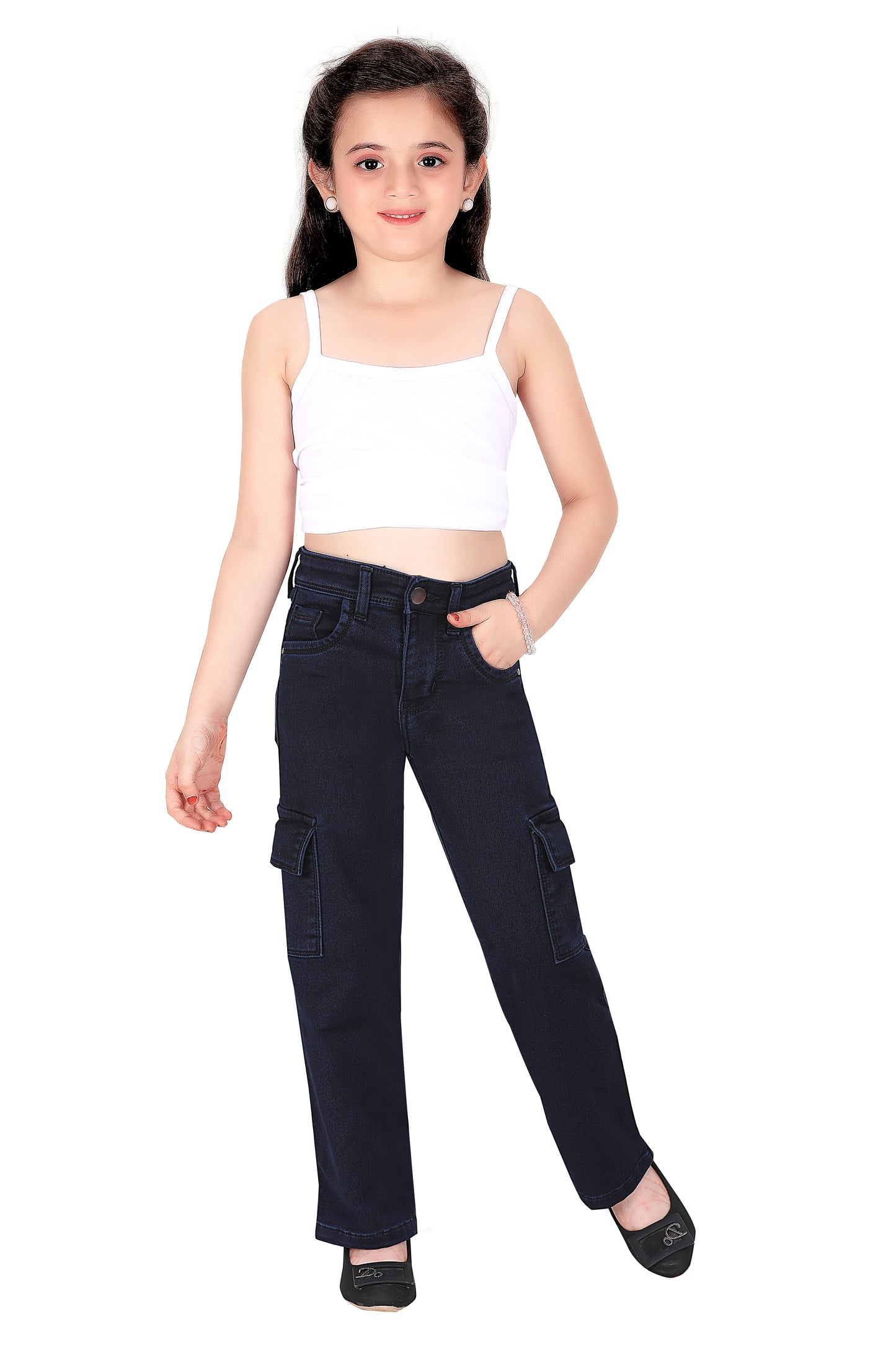 Girls' Pink Denim Jeans with Side Pockets – Stretchable, Comfortable, Fashionable