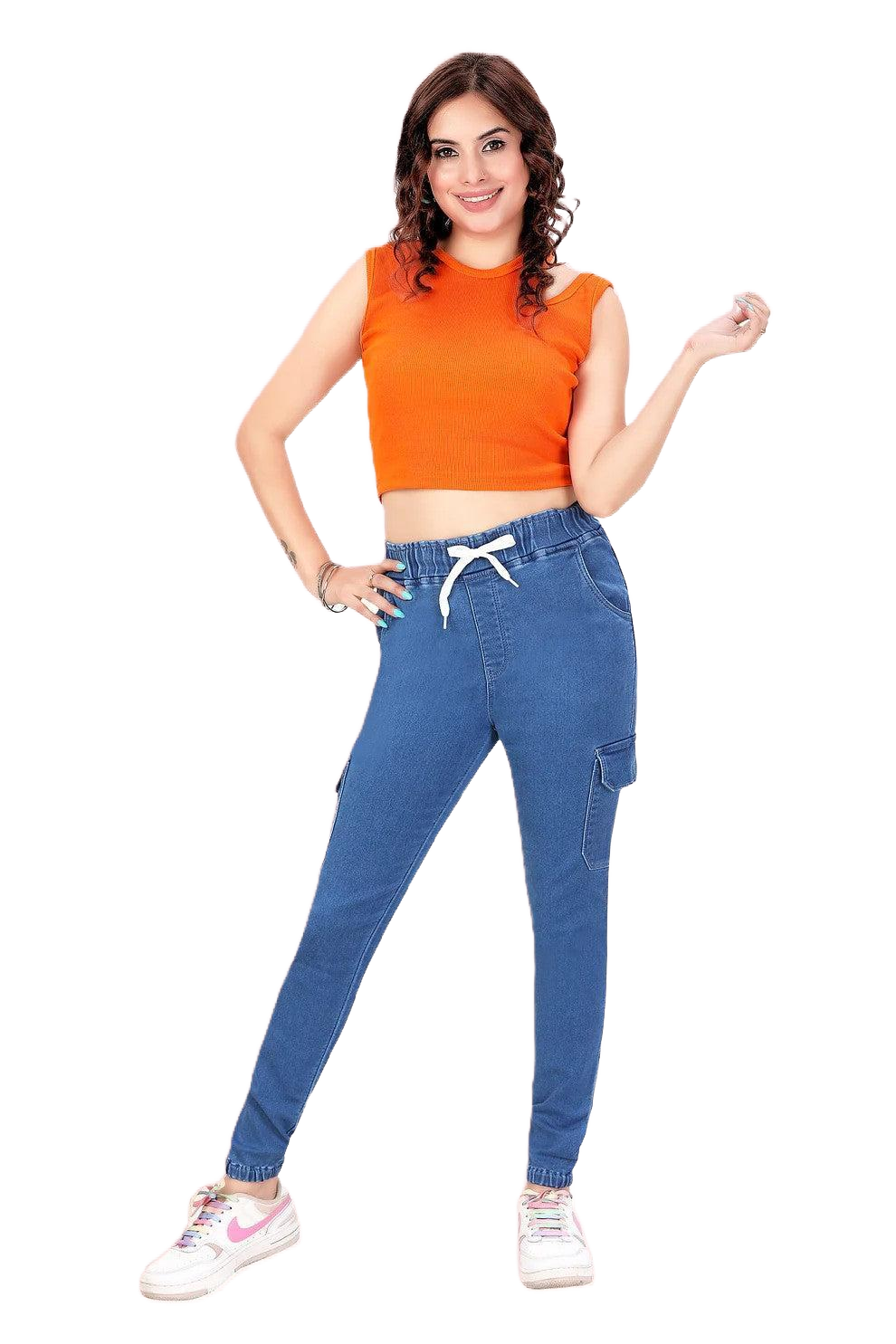 Stretch Denim Joggers with Cargo Pockets
