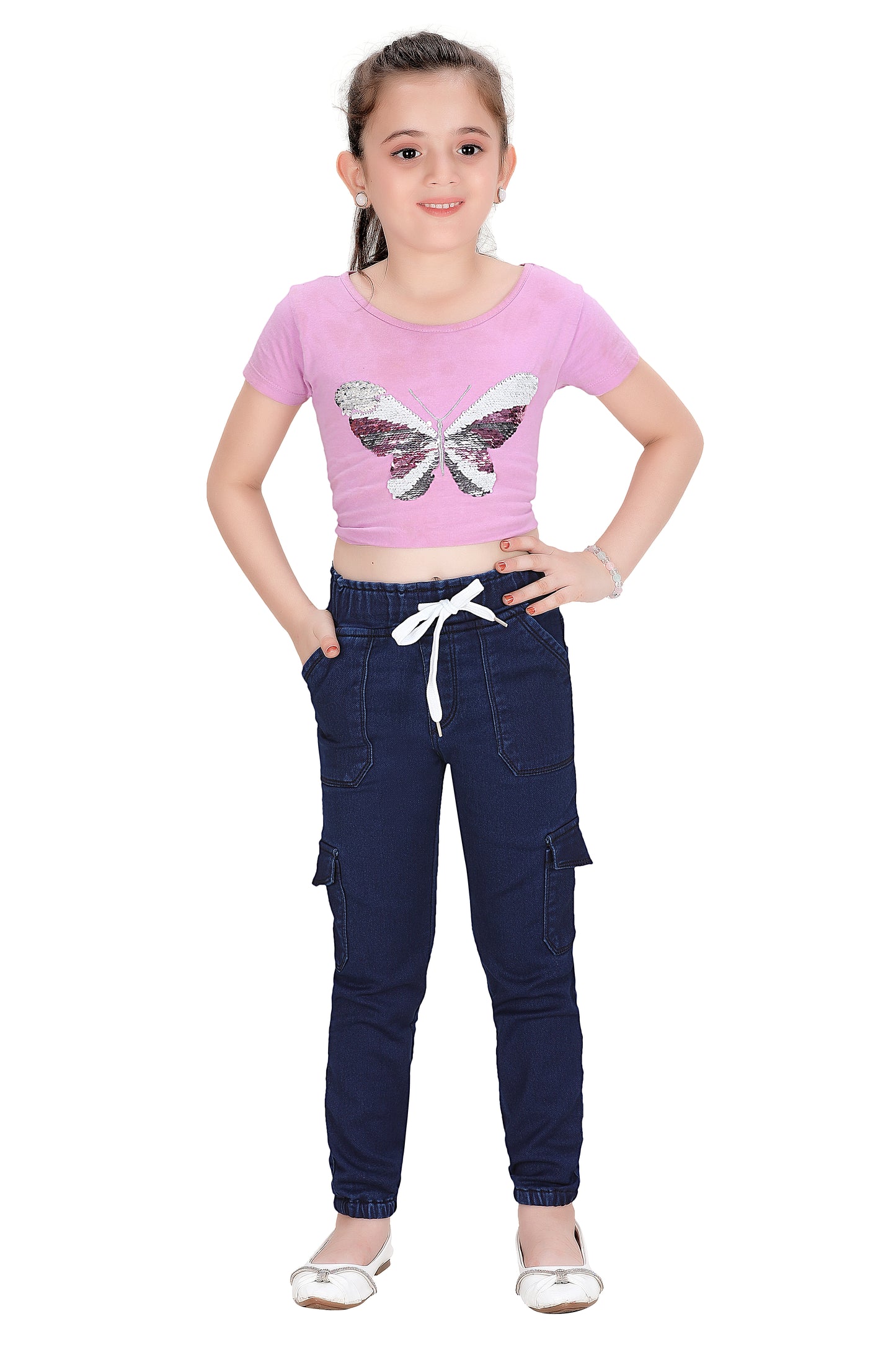 Girls Stretch Jogger Jeans – Denim Mix with Drawstring and Side Pockets