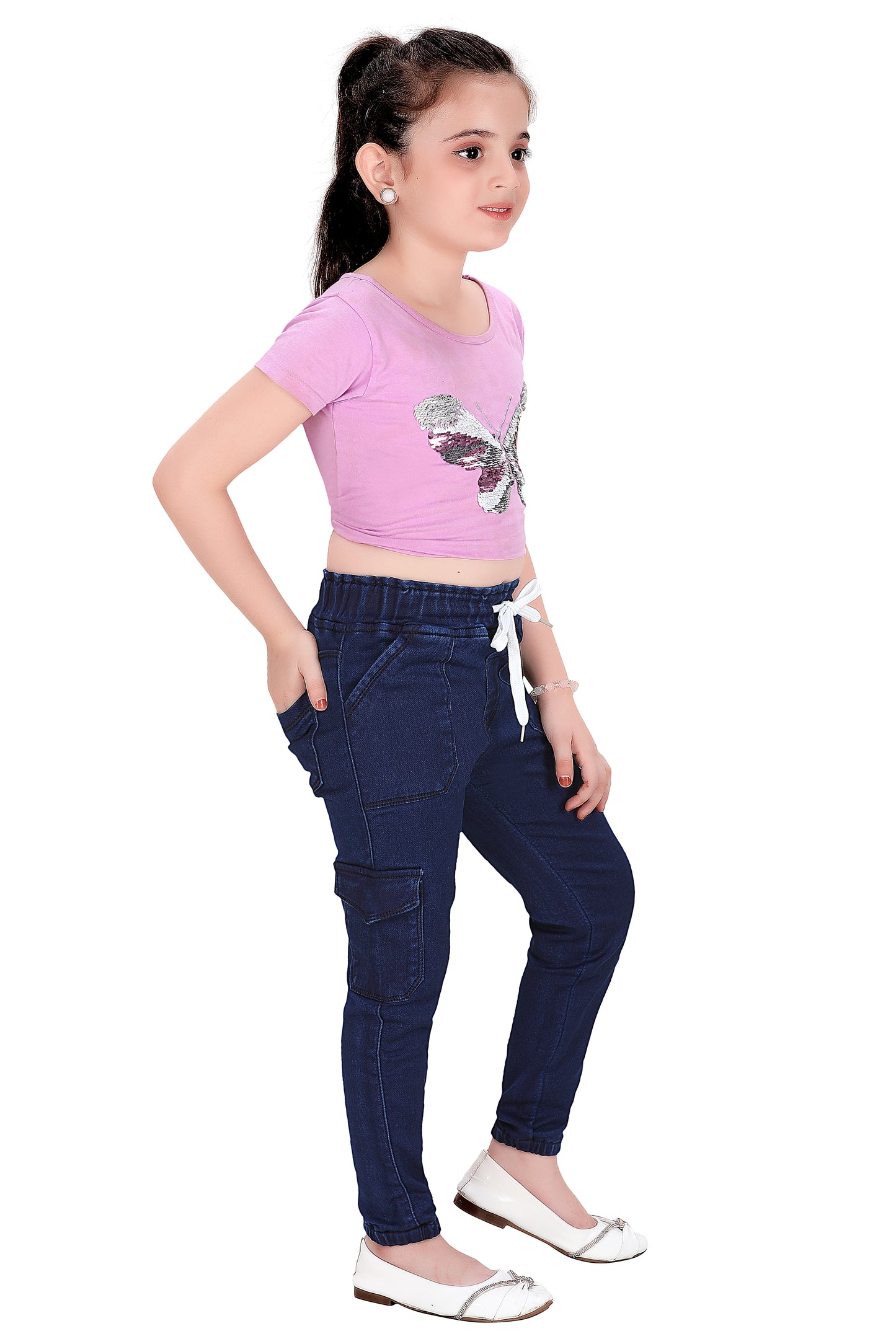 Girls Stretch Jogger Jeans – Denim Mix with Drawstring and Side Pockets