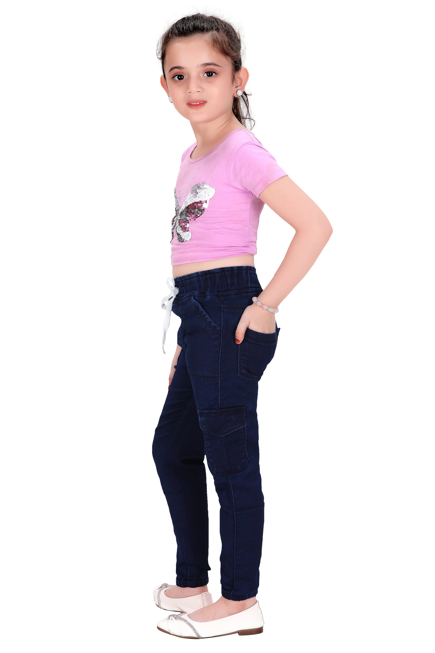 Girls Stretch Jogger Jeans – Denim Mix with Drawstring and Side Pockets