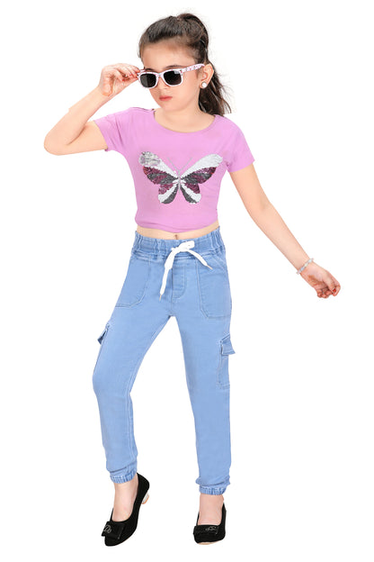 Girls Stretch Jogger Jeans – Denim Mix with Drawstring and Side Pockets