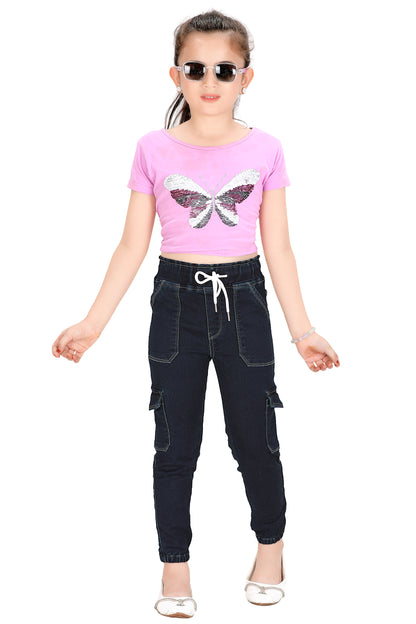 Girls Stretch Jogger Jeans – Denim Mix with Drawstring and Side Pockets