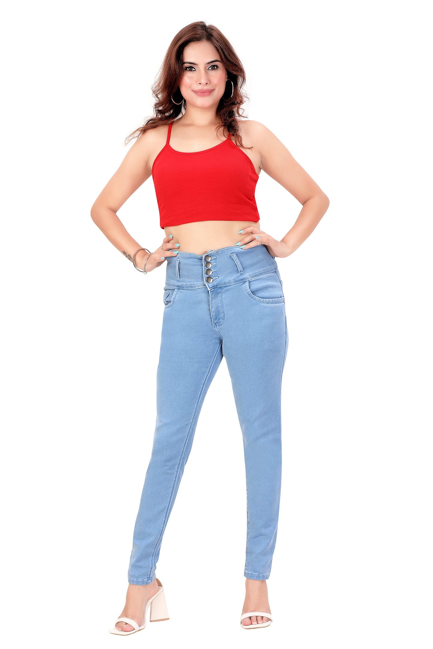 Women's High-Rise Slim Fit Grey Jeans - 4 Button Closure