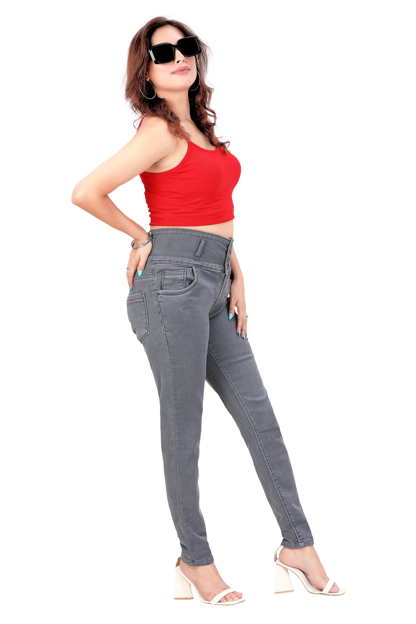 Women's High-Rise Slim Fit Grey Jeans - 4 Button Closure