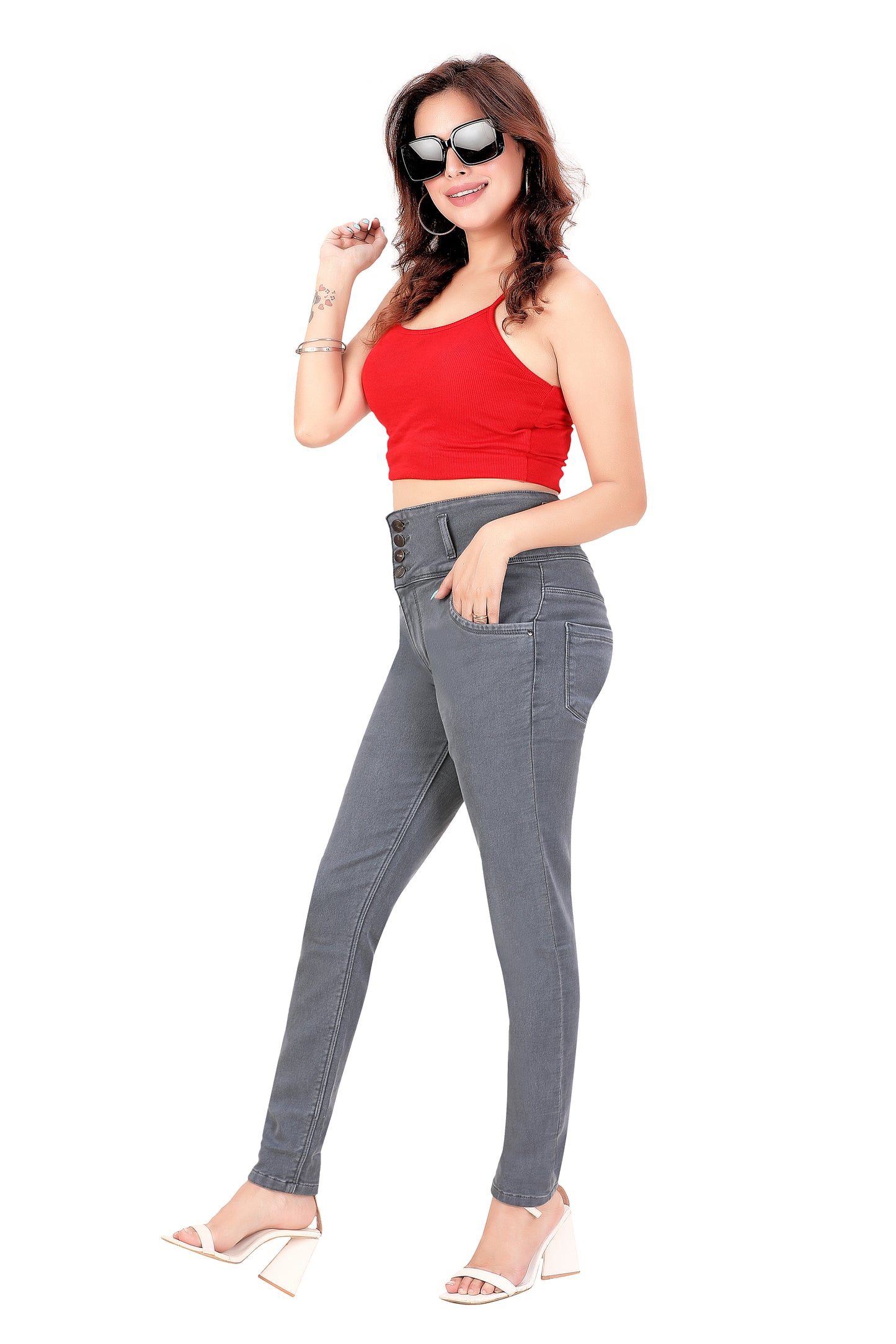 Women's High-Rise Slim Fit Grey Jeans - 4 Button Closure