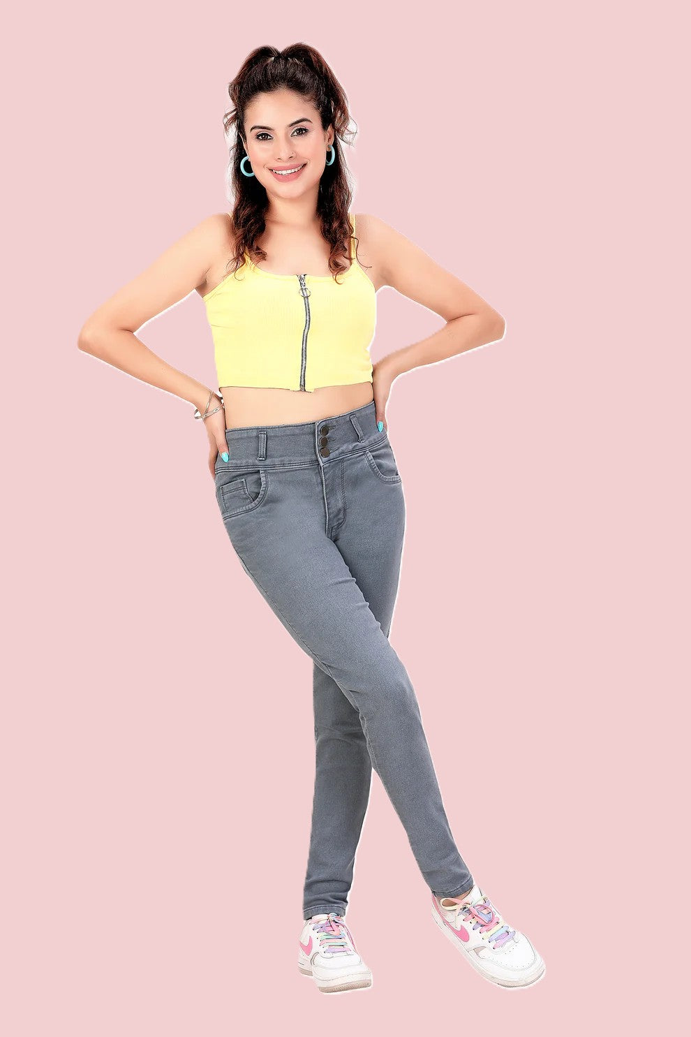 Women's Black High Rise 3-Button Skinny Fit Jeans