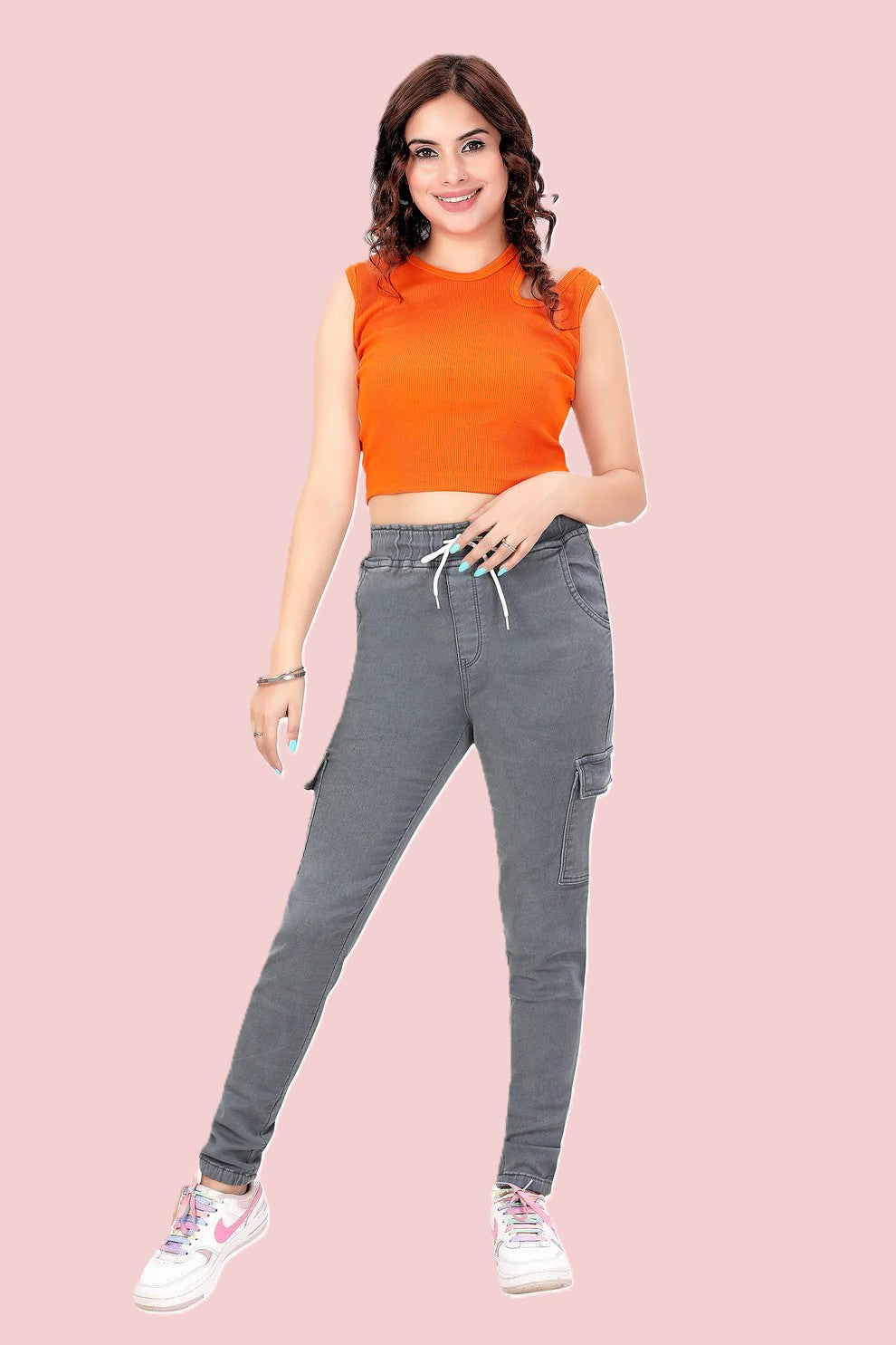 Women's Stretch Denim Joggers with Cargo Pockets