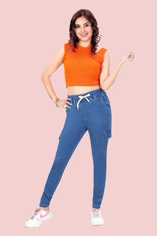 Women's Stretch Denim Joggers with Cargo Pockets
