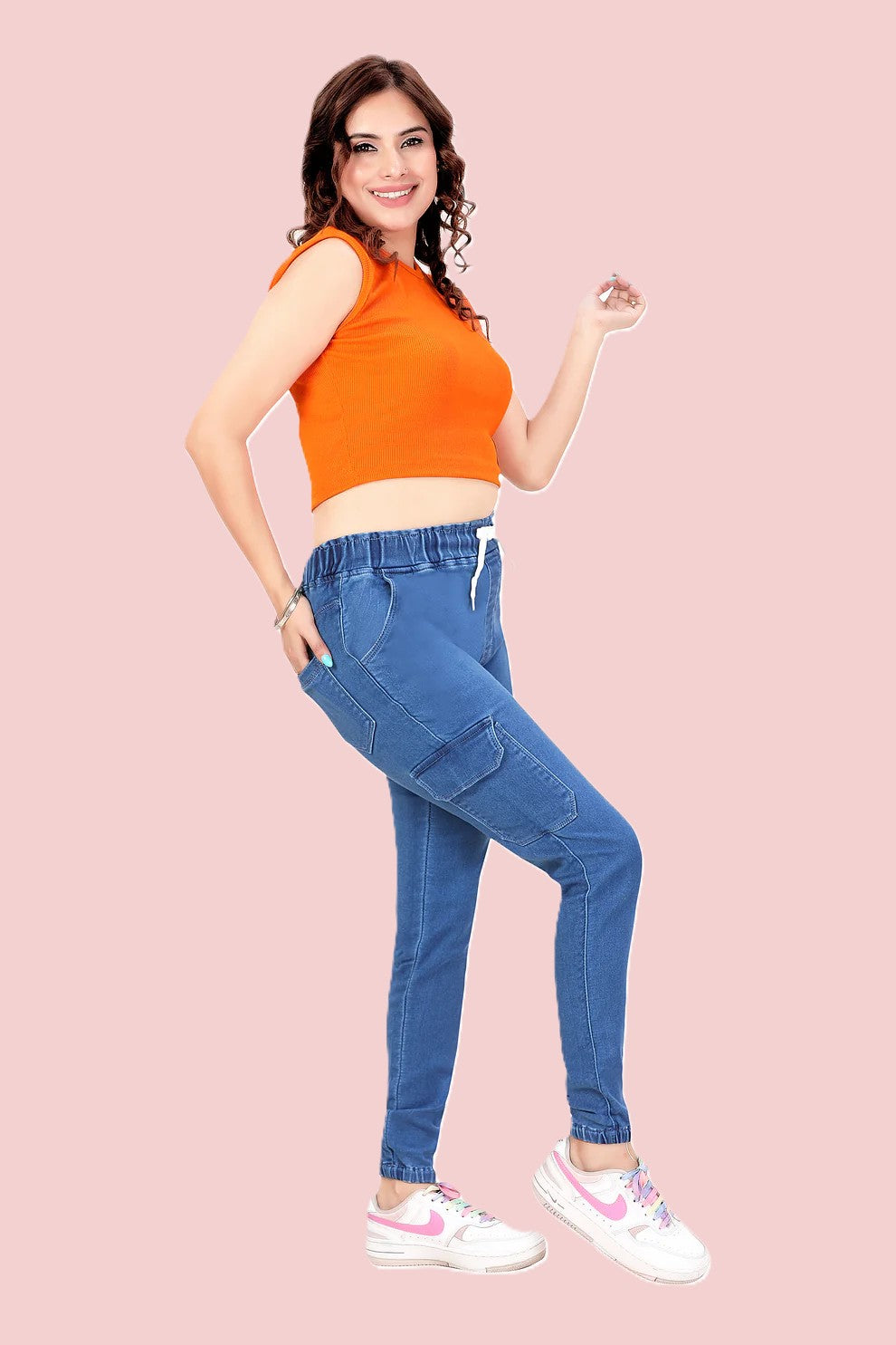 Women's Stretch Denim Joggers with Cargo Pockets