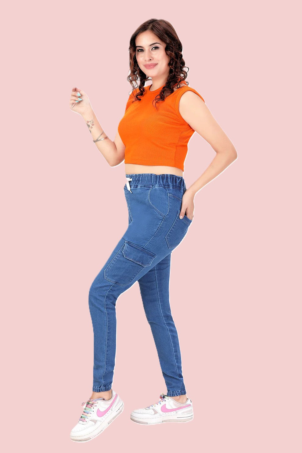 Women's Stretch Denim Joggers with Cargo Pockets