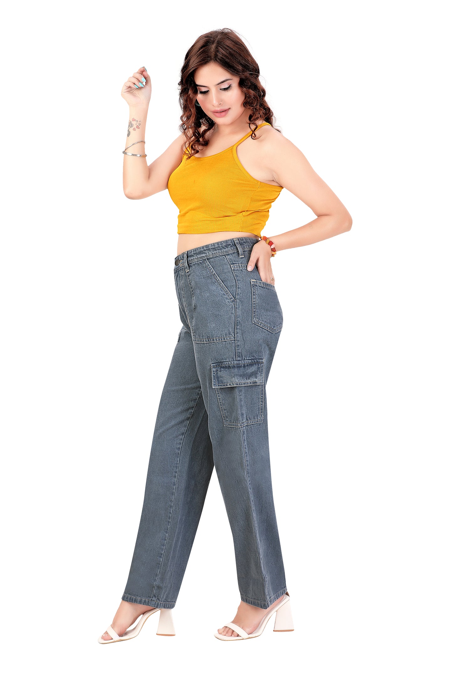 Baggy Fit Cargo Jeans for Women | High Waist, 6 Pockets, Relaxed Straight Denim | Grey Street Style Pants